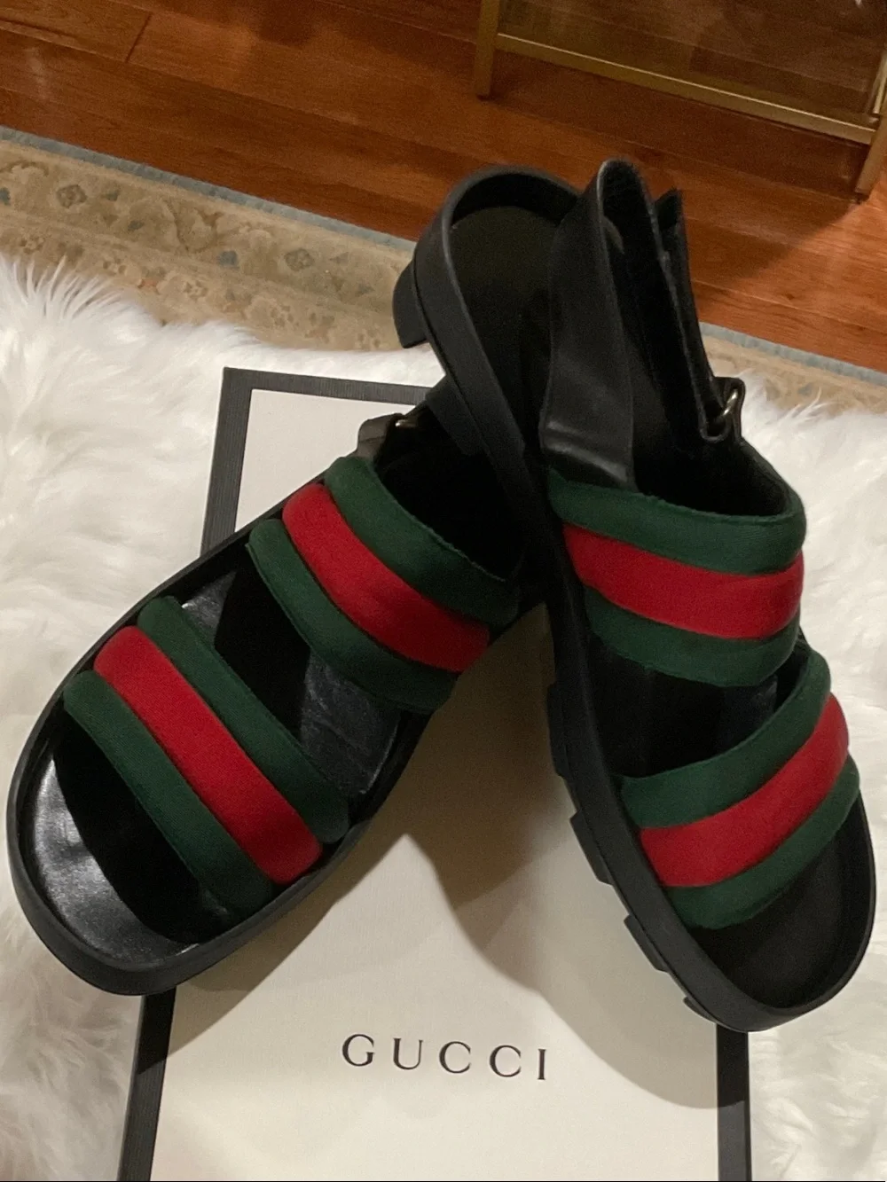 Gucci Black Sandals with Green and Red Straps